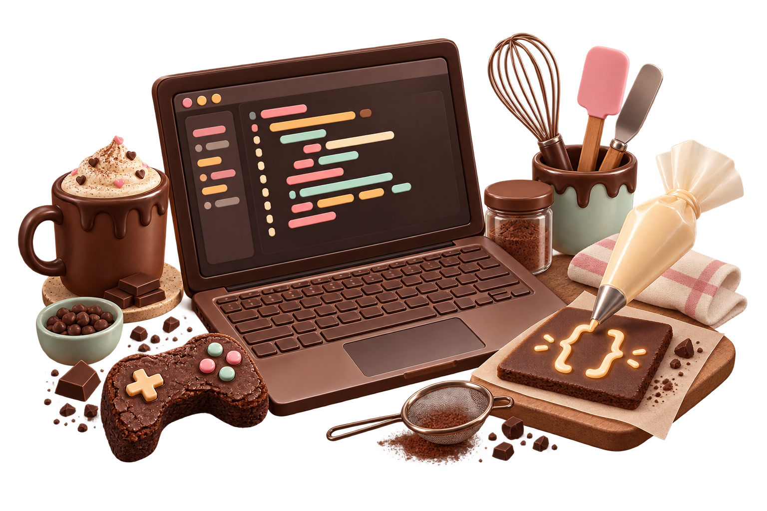 A playful chocolate laptop surrounded by code shapes and baking tools
